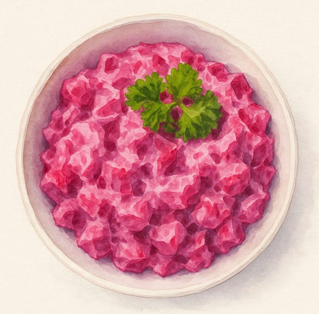 Salade de betteraves dans un bol blanc avec garniture de persil sur fond blanc.