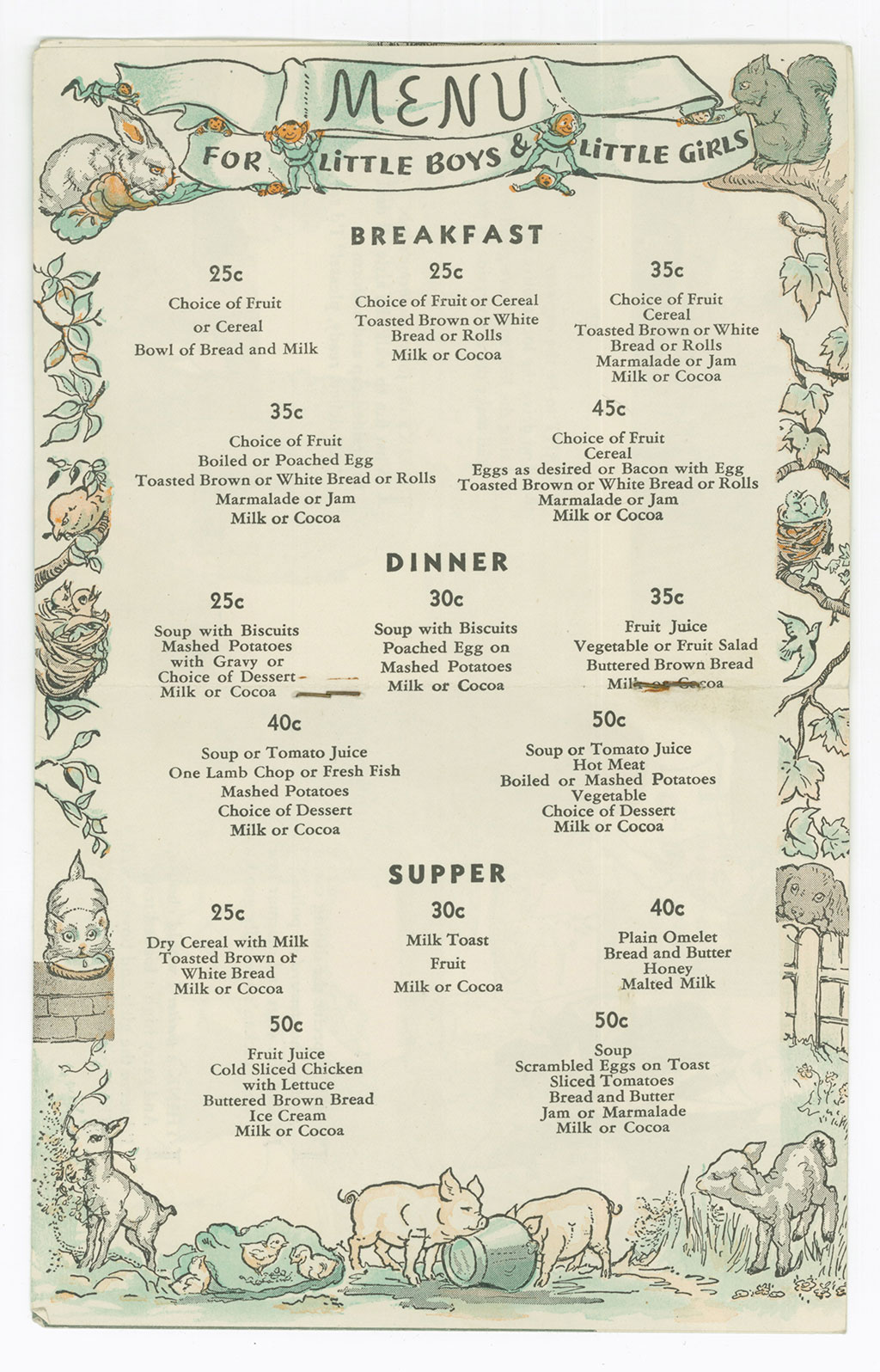 Menu pour enfants à l'ancienne montrant les options pour le déjeuner, le dîner et le souper.