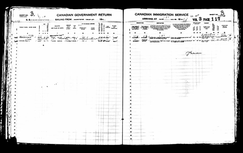 Ancien manifeste énumérant les noms des premières familles arrivées au quai 21 en 1928.