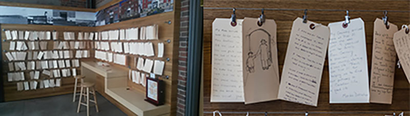 Étiquettes de bagages accrochées à un tableau de bois intitulé « Ce que le Quai 21 signifie pour moi ».