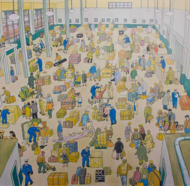 Croquis animé de hall douanier occupé.