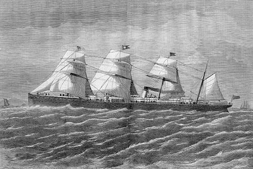 Rendu d’artiste d’un navire aux voiles flottantes.