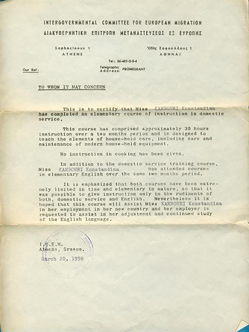 Papier dactylographié attestant d’une formation en service domestique.