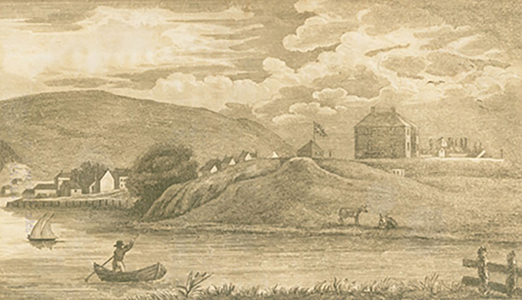 Ancienne illustration d’une rivière et des environs.