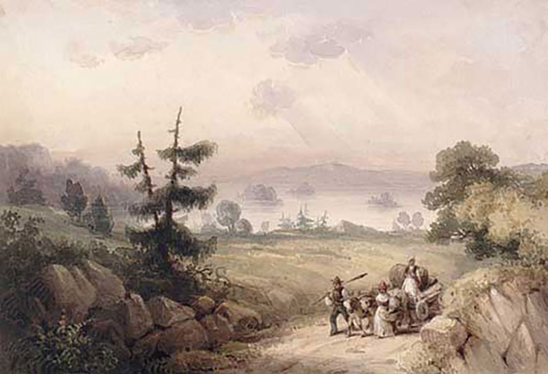 Magnifique dessin d’une famille avec un cheval et une charrette voyageant le long d’une route. Il y a des arbres et des roches en avant-plan.
