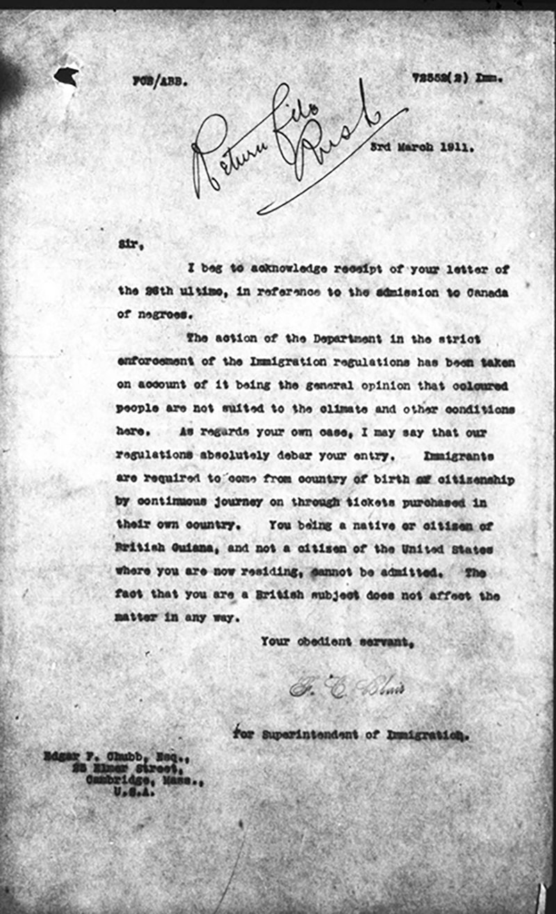 Vieille lettre du Surintendant de l’immigration pour le Règlement sur l’immigration.