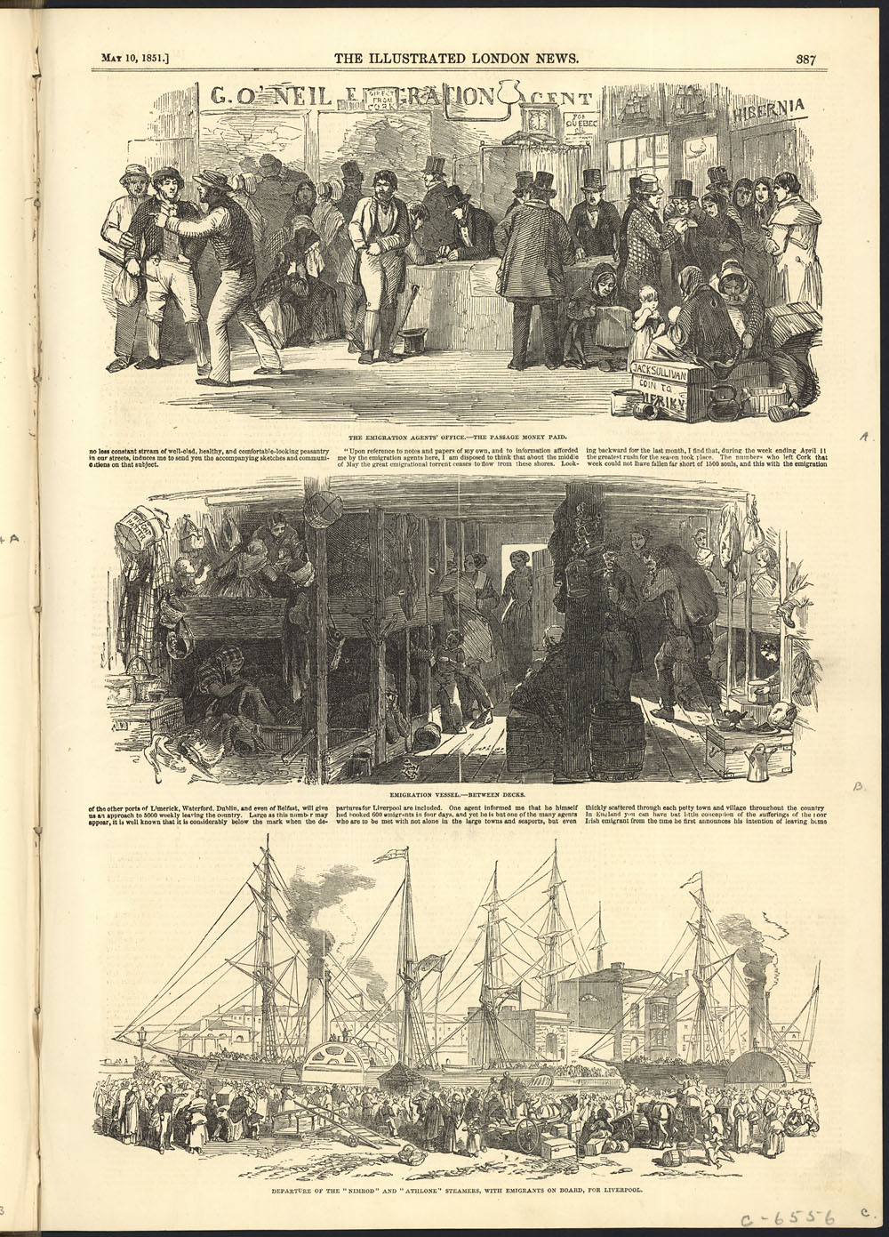 Page de journal illustrée décrivant des scènes de l’émigration irlandaise.