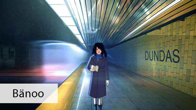 Dessin d’une femme portant un long manteau violet et tenant un livre, seule sur le quai du métro à la station Dundas de Toronto. Un métro passe devant elle en trombe.