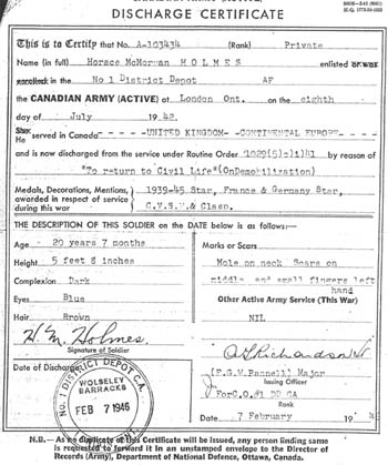 Document militaire, les mots Discharge Certificate écrits dessus.