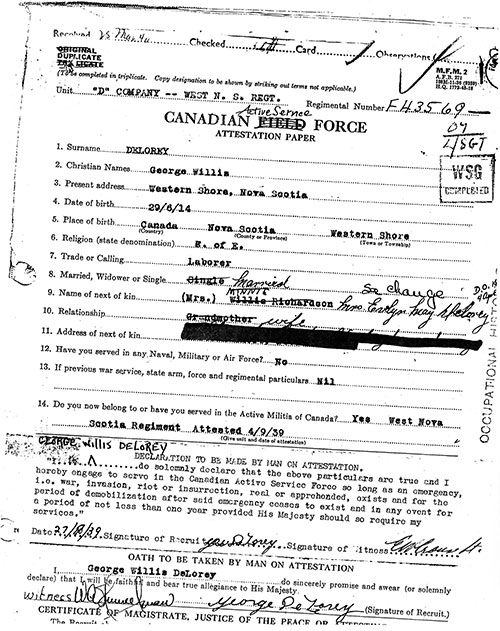 Ancien document du gouvernement avec la Force du service actif du Canada écrit en haut.
