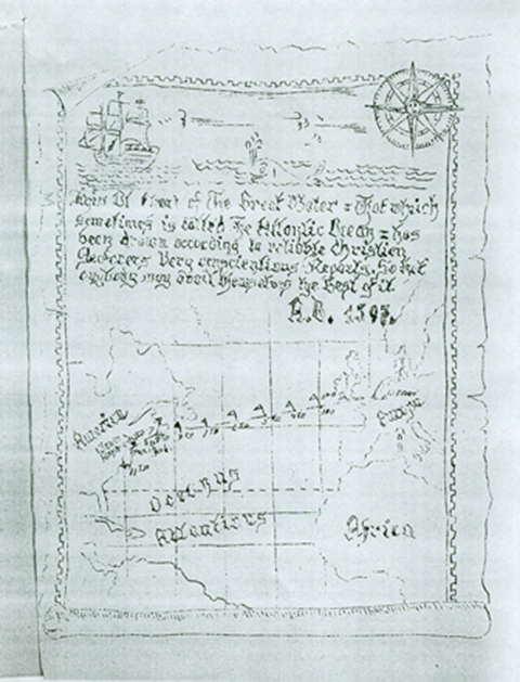 Carte très ancienne dessinée à la main avec un symbole de boussole dans le coin supérieur droit.
