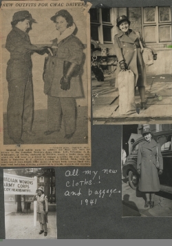 Quatre photographies collées sur une surface noire, montrant Catherine dans différentes tenues. 
